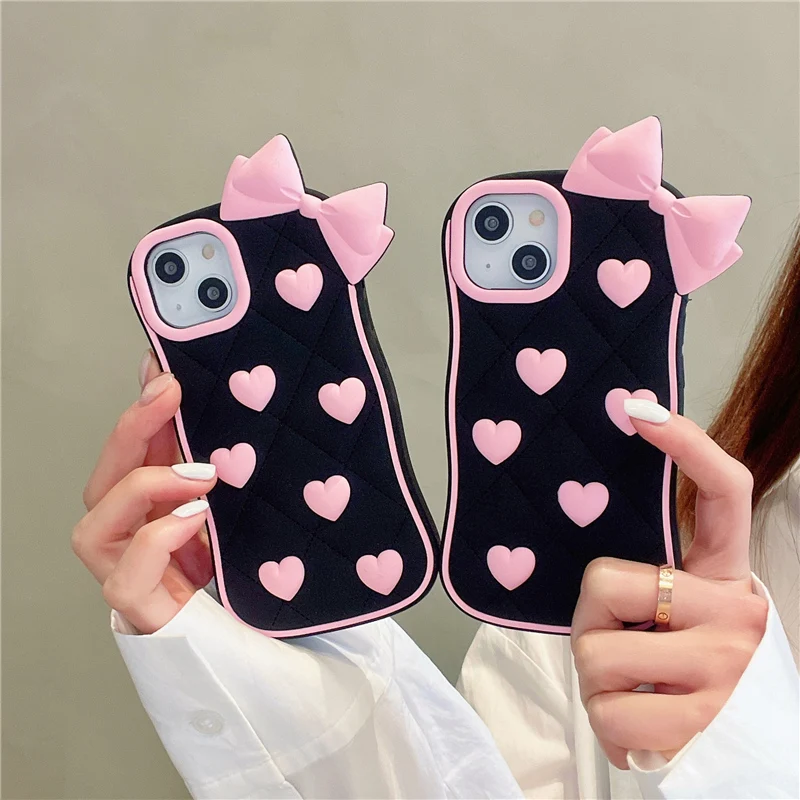 3D Cute Bowknot Heart Grid Soft Silicone Protective Phone Case for iPhone 11 12 13 14 15 Pro Max Lovely Girly Cover Shell
