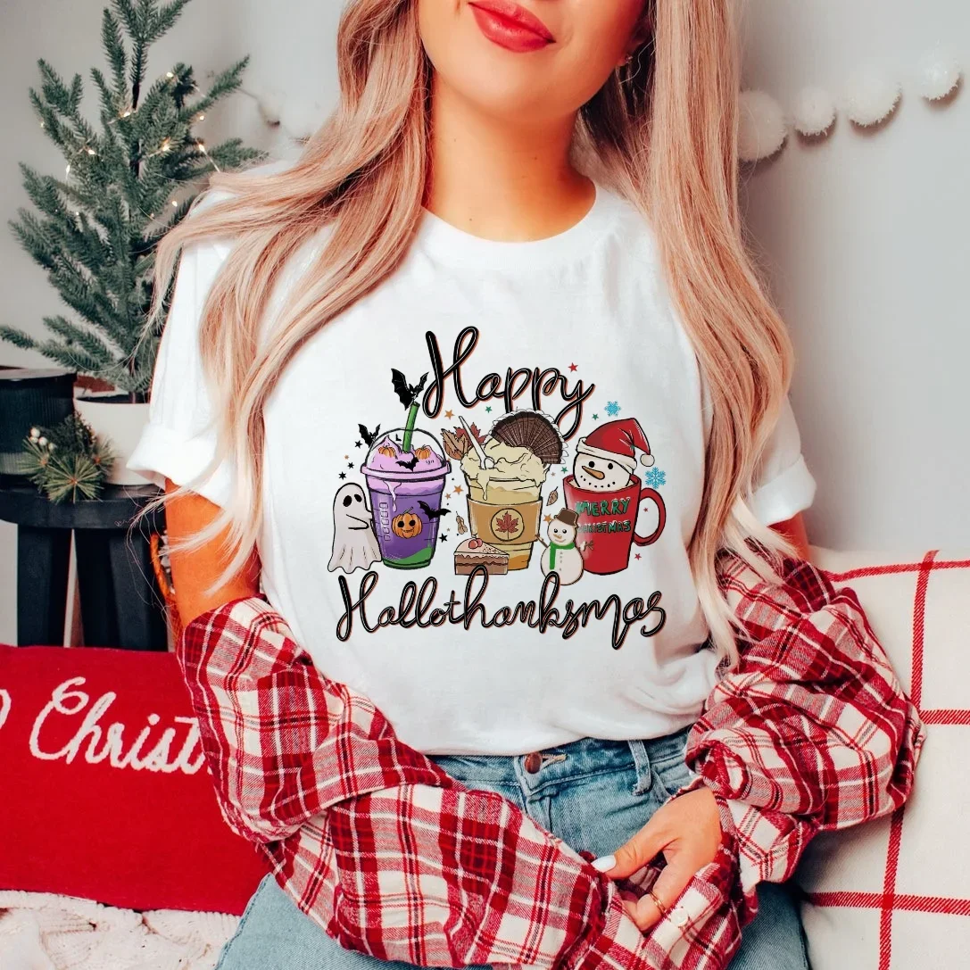 Watercolor Style Cute Coffee Cup Short Sleeved Top Fashionable Women's Printed Christmas and New Year's Happy Printed Pattern T-