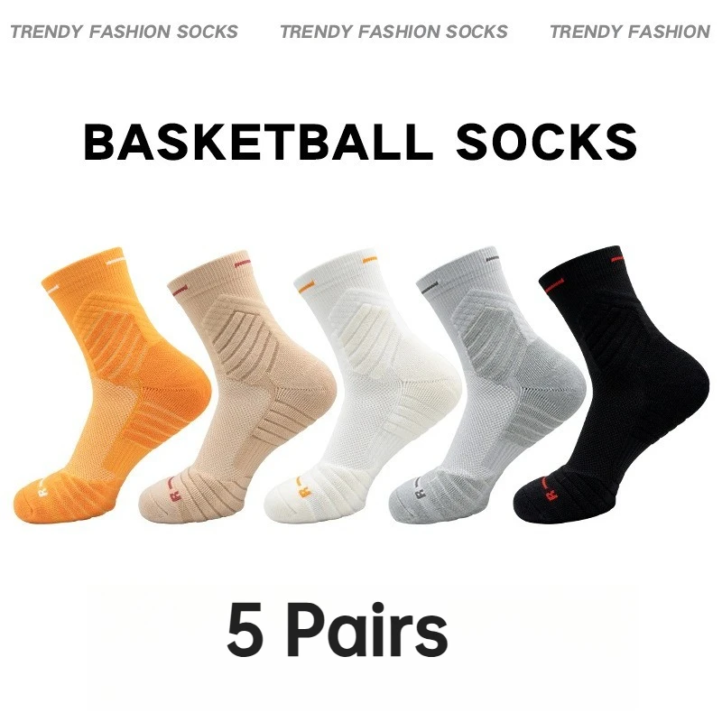 5 Pairs Men Elite Basketball Socks Mesh Breathable Crew Socks Thick Terry Sole Shock‑Absorb Non‑slip Athletic Running Socks