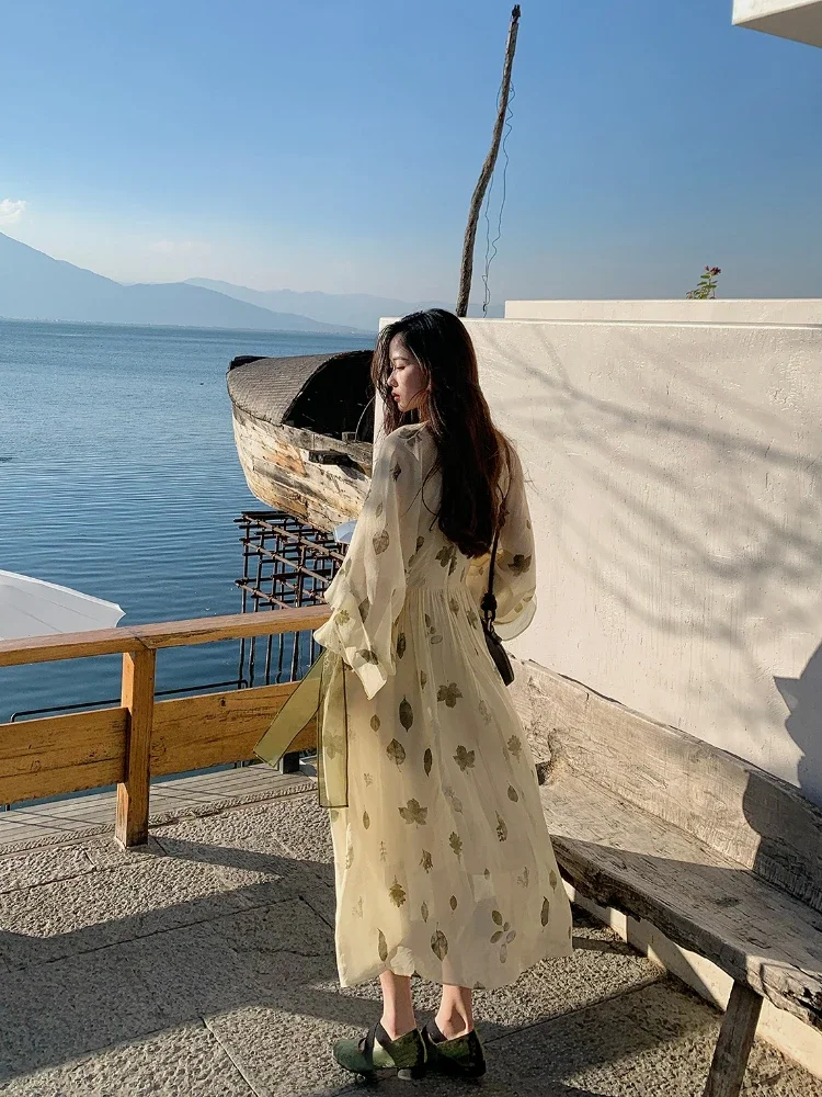 Abito da fata floreale vintage francese Abito da donna casual elegante stile spiaggia Abito da festa in chiffon Abito intero da donna coreano Estate 2023