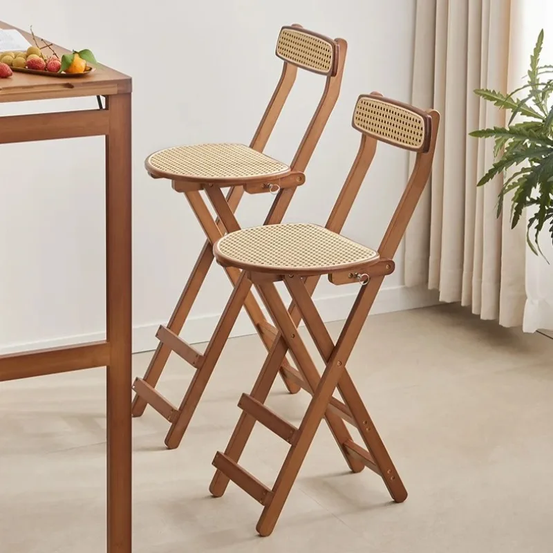 Portable Folding High Stool with Backrest Wooden Bar Chair for Cashier Counter Kitchen Dining Room