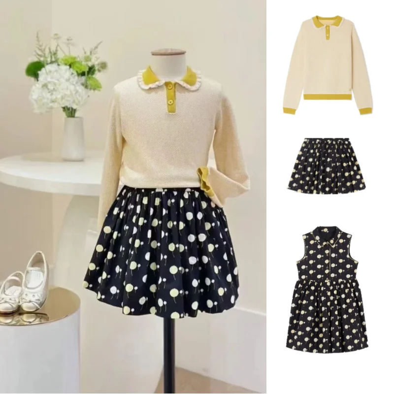 

Girls' Dress 2025 Spring/Fall New Arrival Printed Fashion Hepburn-Style Long Dress 100% Cotton Thickened Warm Top Pleated Skirt