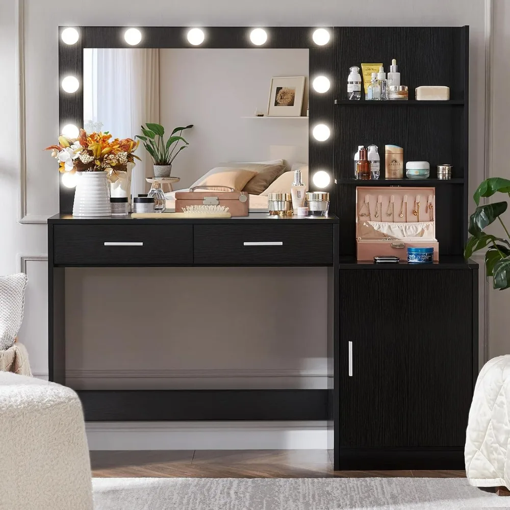 Vanity desk.46.7IN Vanity Desk with Mirror and Light,Dressing Table with 2 Large Drawer&Large Vertical Organizer,3 Level Dresser