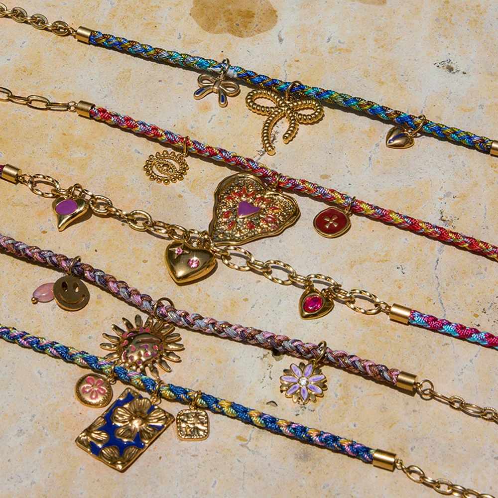 

AIKOER Fashion Vacation Style 18K Gold Color Plated Stainless Steel Rope Chain Purple Drip Oil Heart Pendant Necklace Red Round