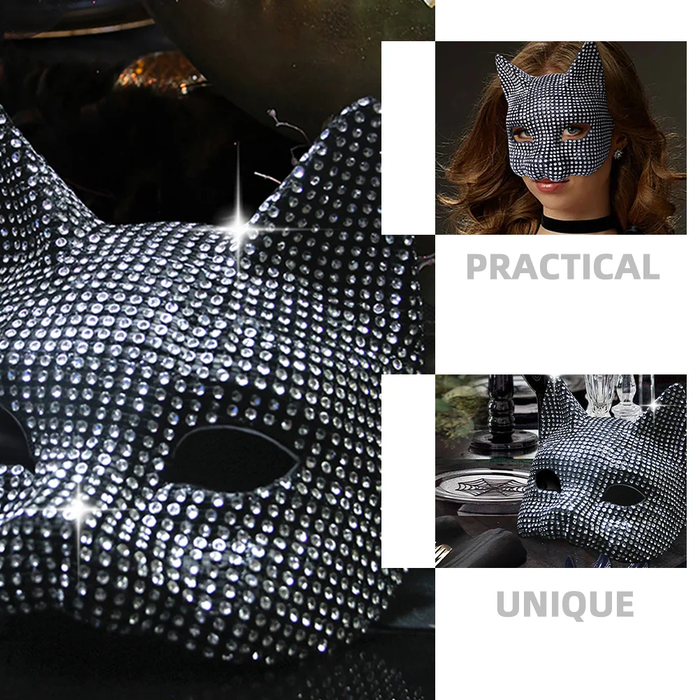 Halloween Cosplay Mask Halloween Mask Shiny Rhinestone Cat Shape Mask Party Supply