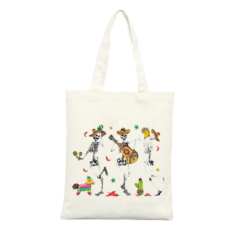 Canvas Tote Bag with Skeleton Mariachi Graphic, Ideal for Casual Outings and Festival Events
