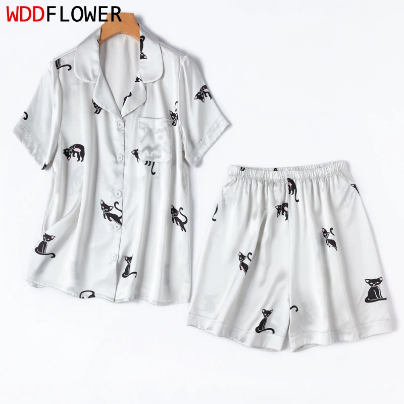 100% Mulberry Silk 21 momme Charmeuse Silk Sliver Color Cat Printed Short-sleeve Sleepwear Set Pajama Set With Shorts M1595