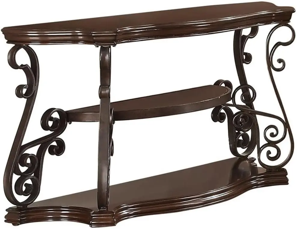 Ornate Sofa Table with Tempered Glass Top in Deep Merlot