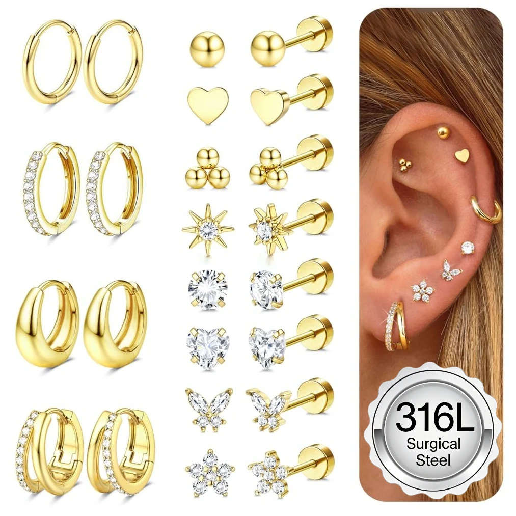Drperfect 1 Paar Ohrringe mit flacher Rückseite für Damen, Ohrringe aus chirurgischem Stahl für empfindliche Ohren, Creolen, Ohrstecker, Knorpel, Tragus-Piercings