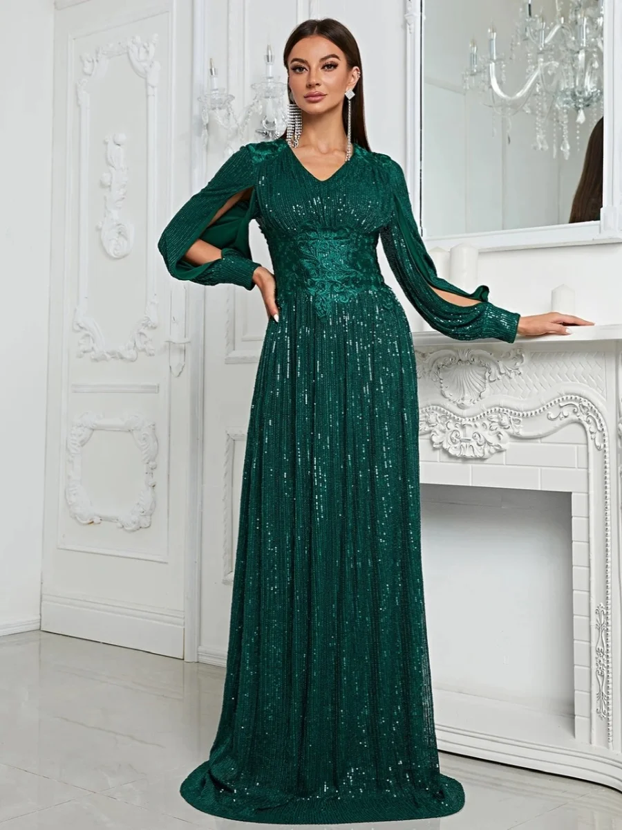 

Ele Long Evening Gown Sexy High Waist Wedding Birthday Par Dr Floor Length Skirt iny Sequins ort Sve V Ne