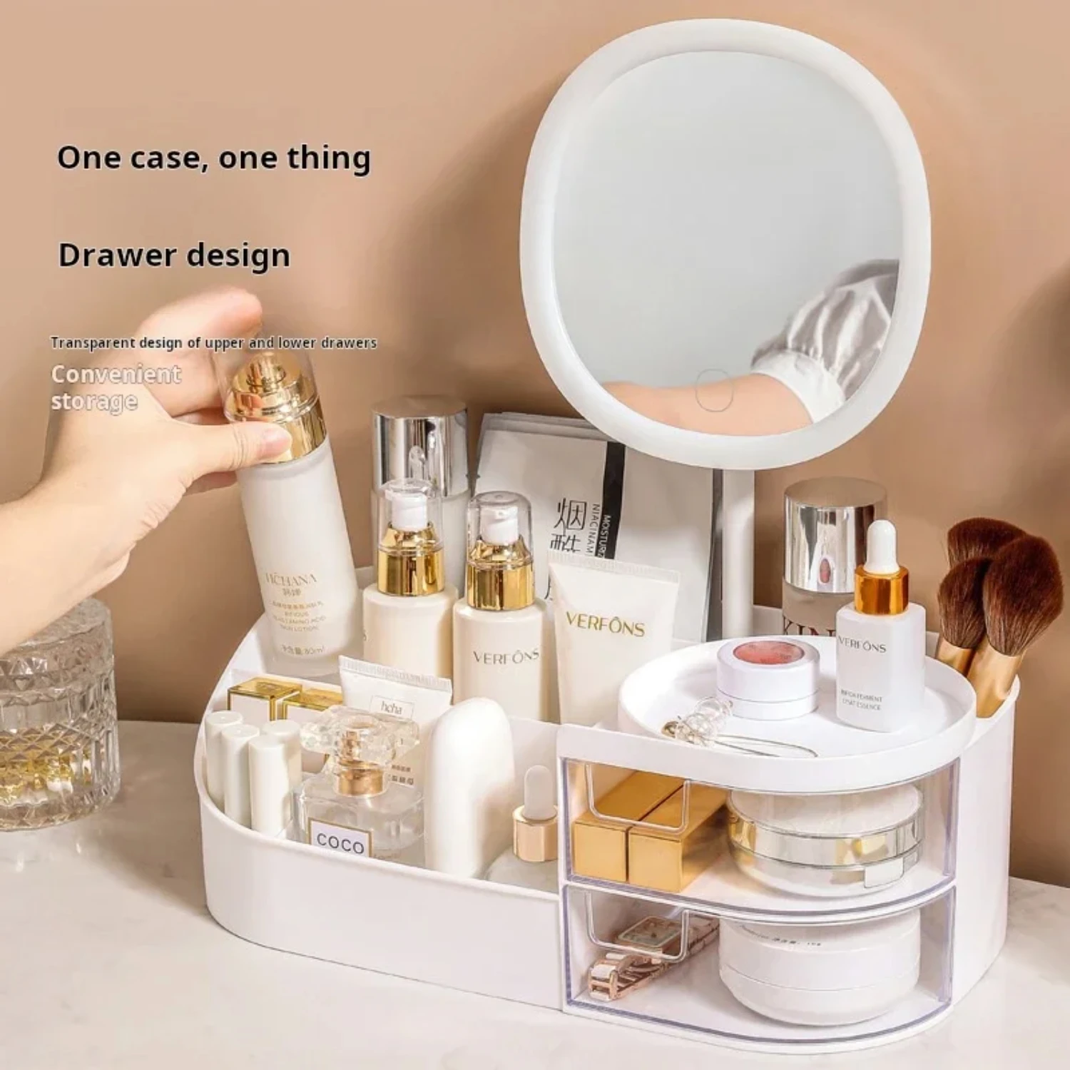 Elegant Cosmetic Makeup Mirror Skincare Lipstick Sorting Box Desktop Dressing Table Organizer Rack