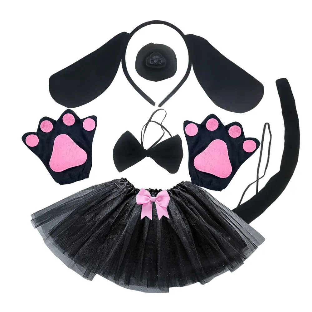 Girls Kids Children Dog Ear Headband Tails Bow Nose Skirt Animals  Set  Birthday Party Gift Headwear  Halloween Costume Cosplay