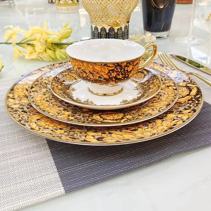 Luxury Gold Rim Bone China Tableware Set Western Steak Tray Coffee Cups 8/10 Inch Dinner Plates