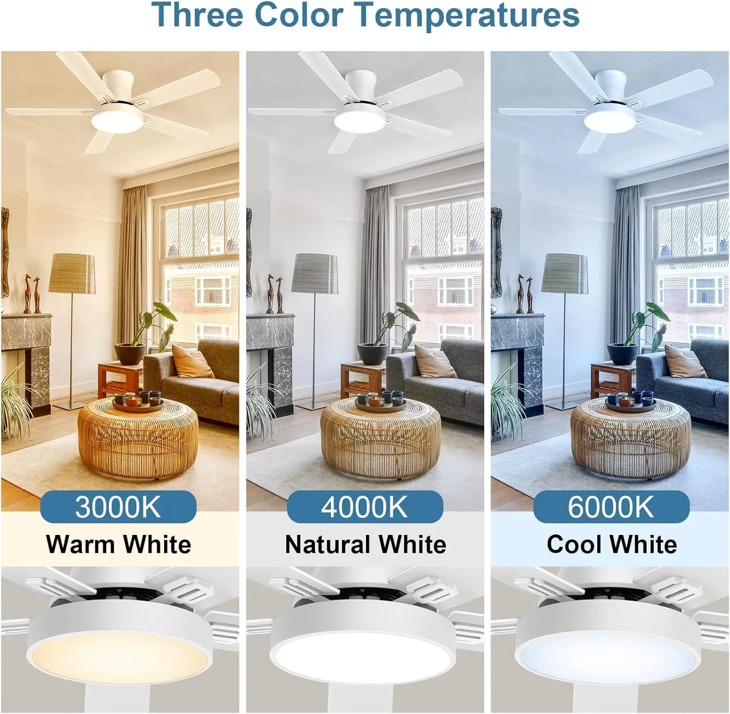 Ceiling Fans With Lights, 52 Inch Flush Mount Fan Light With Remote Control, 6 Speeds, Dc Reversible Motor, Timing, 3 Color