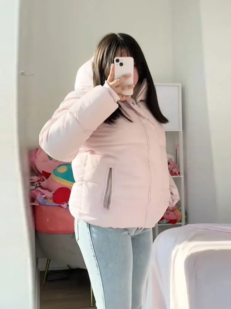 

Розовая лоскутная куртка с капюшоном из овечьей шерсти, женская осенне-зимняя куртка на молнии с воротником-стойкой, 2025 утепленная верхняя одежда с длинными рукавами и карманами