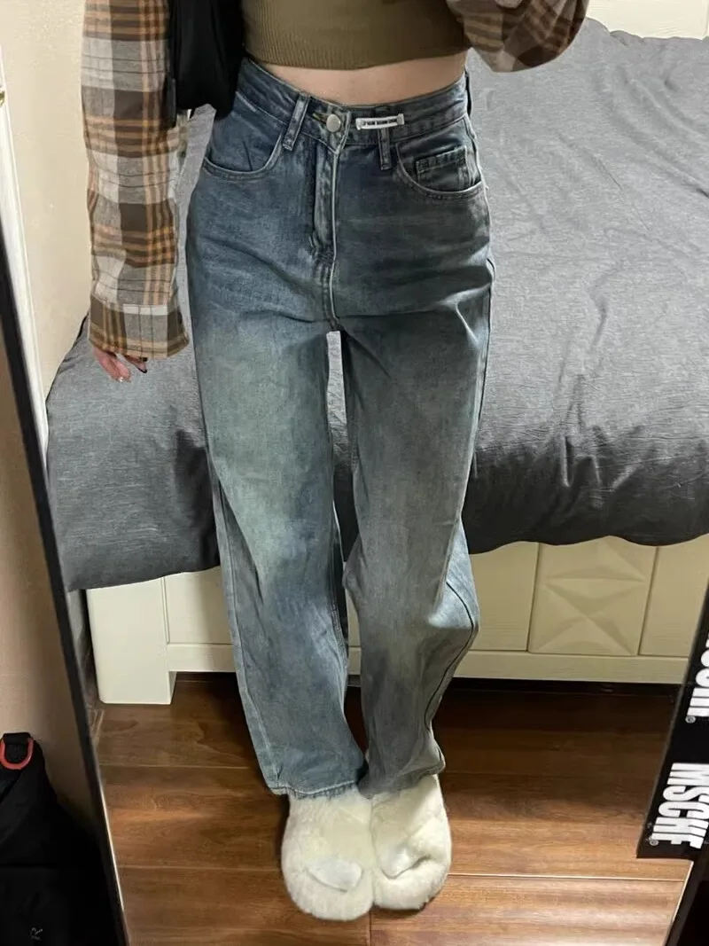 

Женские джинсы с высокой талией и широкими штанинами, весна-осень 2024, новый дизайн, свободные прямые брюки в пол, синий деним