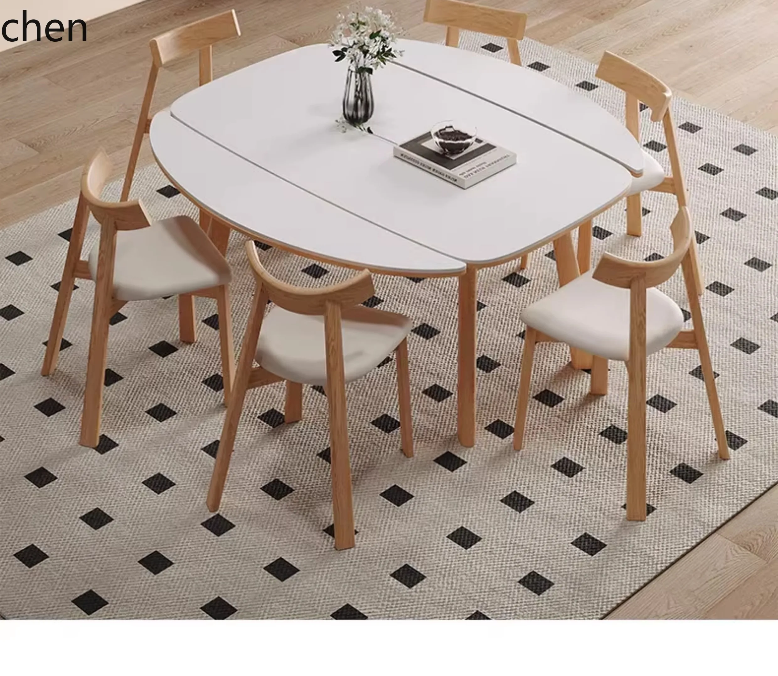 

ZMLtelescopic rock slab solid wood dining table folding variable circle modern simple square and round dual-purpose dining table
