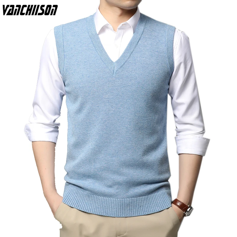 

Men Wool Knit Basic Tank Jumper Top Sweater Sleeveless England Style Casual for Autumn Winter V Neck Male Fashion Clothing 00134