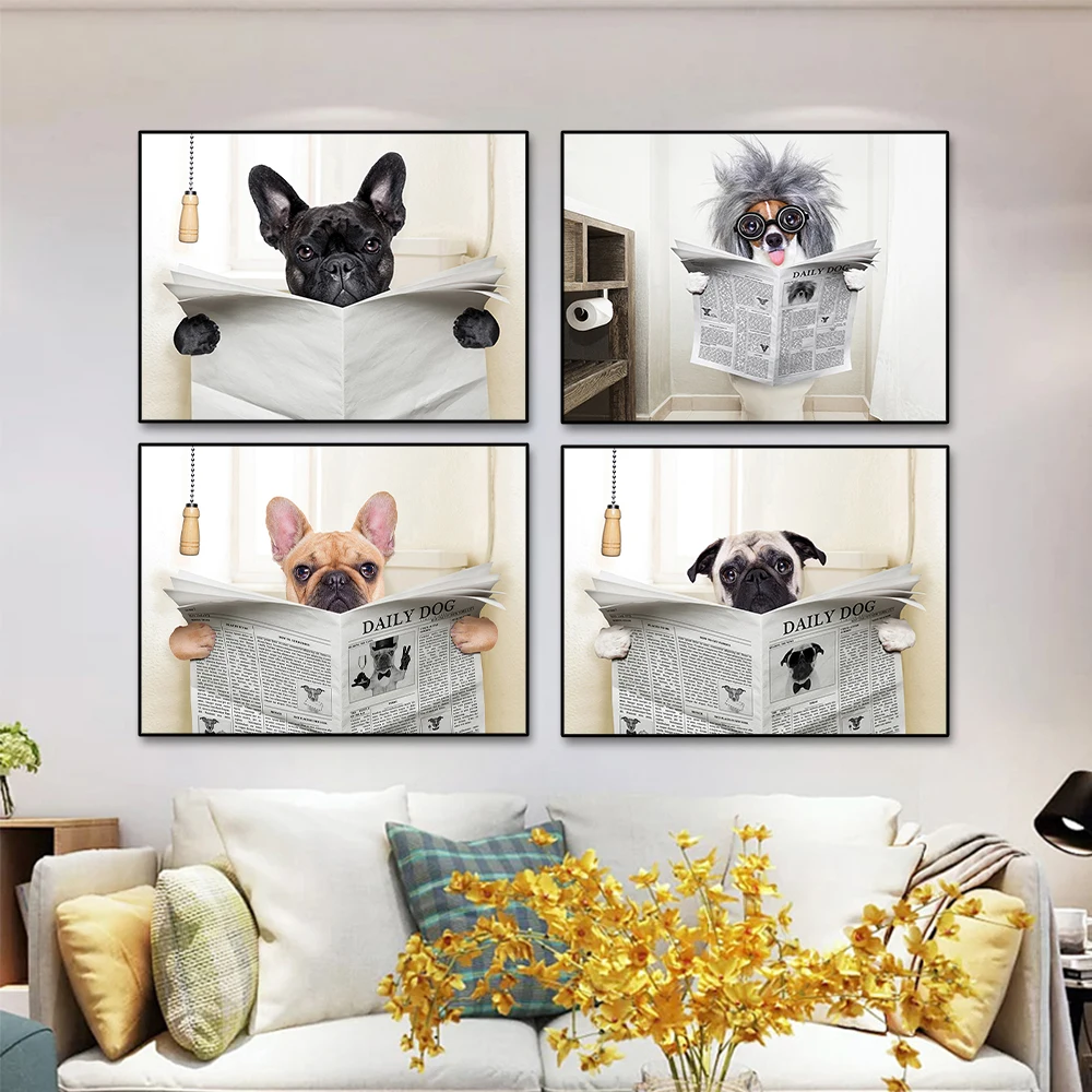 Abstract Dog Reading Newspaper Toilet Wall Art Canvas Painting Funny Dog Prints Wall Picture Home Bathroom Decoration Frameless