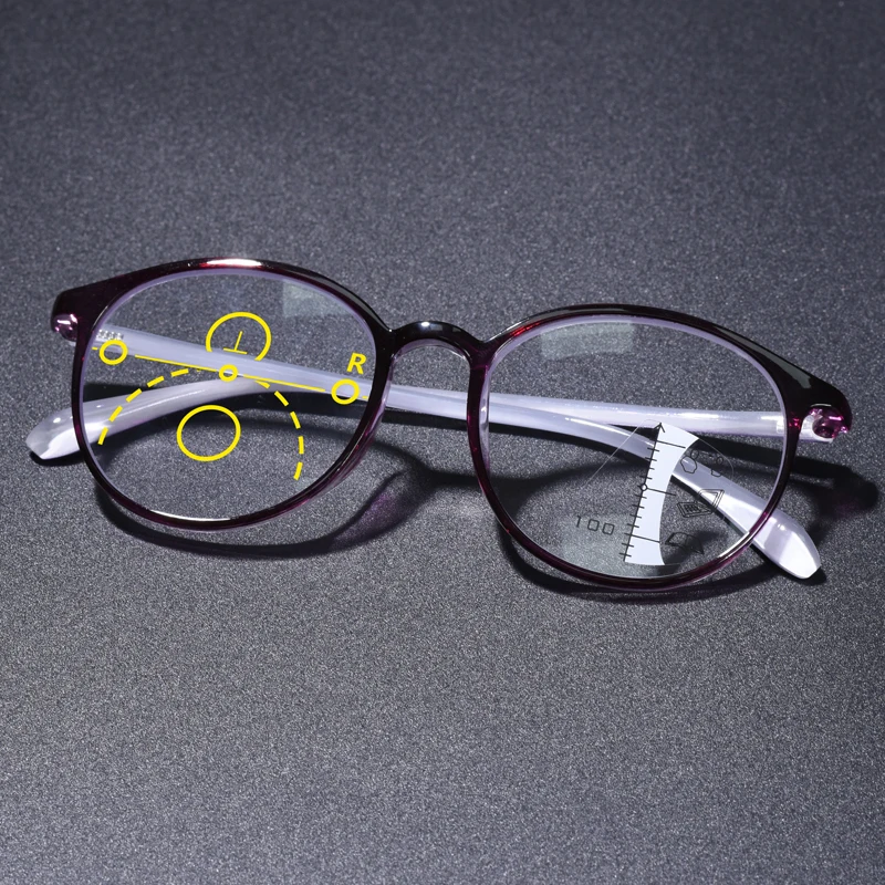 Pueple Frame Progressive Multifokal-Lesebrille für Damen, Anti-Blaulicht-Presbyopie-Brille, PC-Rahmen, großer runder Rahmen