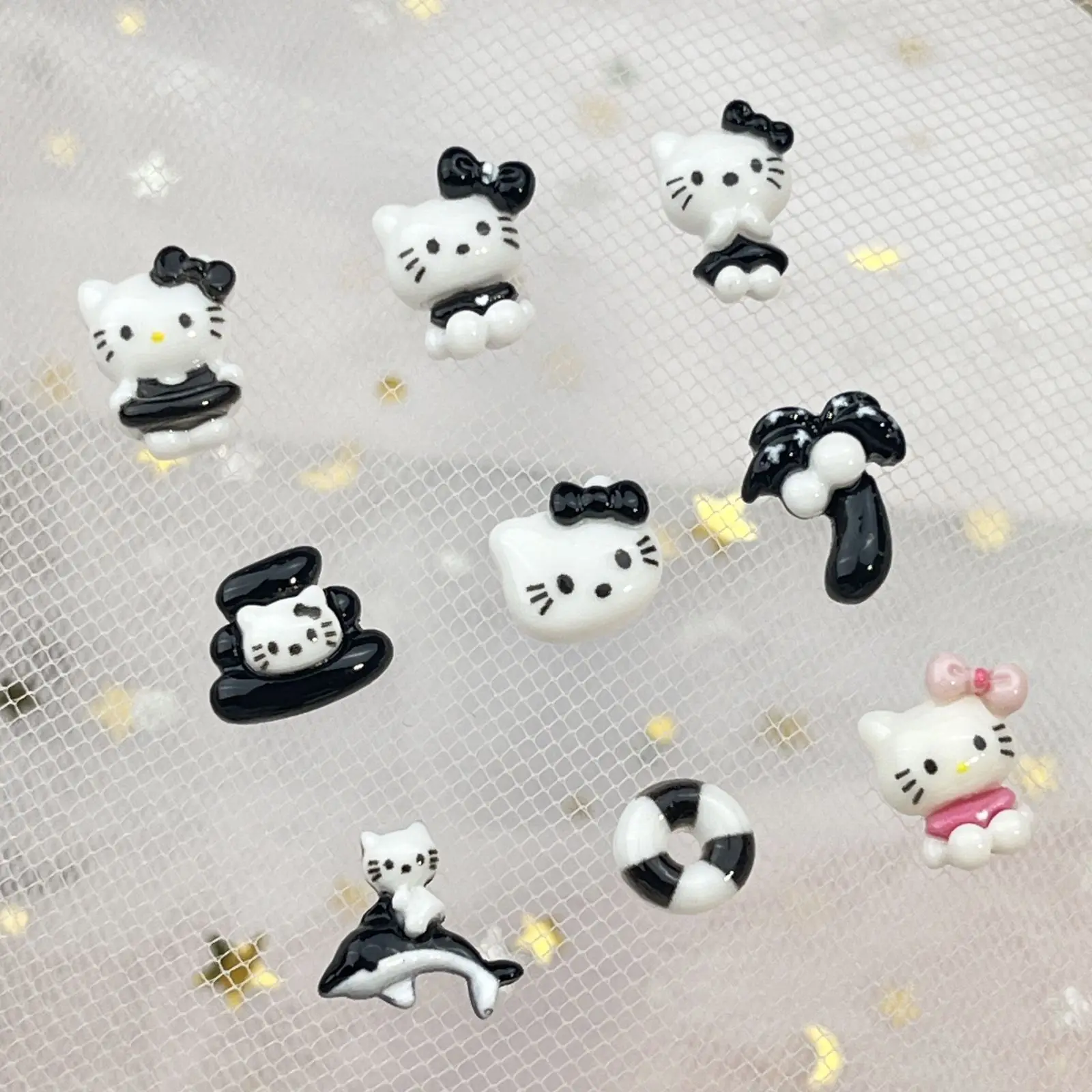 Sanrio Black Skin Swimming Ring Hello Kitty Anime Cartoon Nail Art Decorations Acrylic Charms Colorful DIY Manicure Tools Parts