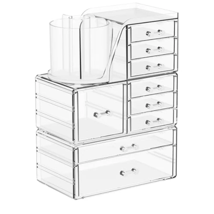 

3 Pack Clear Acrylic Makeup Organizer for Vanity With 9 Drawer, Skincare Organizers Countertop With Make up Brush Holder, Bathr