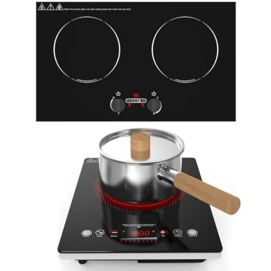 Induction plate and double induction cooktop for kitchen use, black tempered glass, 9 power levels with kids lock, timer, LED t