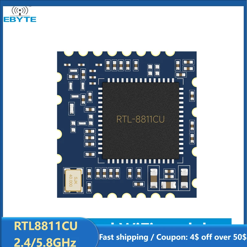 

RTL8811CU 2.4GHz 5.8GHz WiFi Module 22dBm Stamp Hole EBYTE E103-RTL8811CU SDIO SMD Module Low Cost 22dBm 200m USB Interface