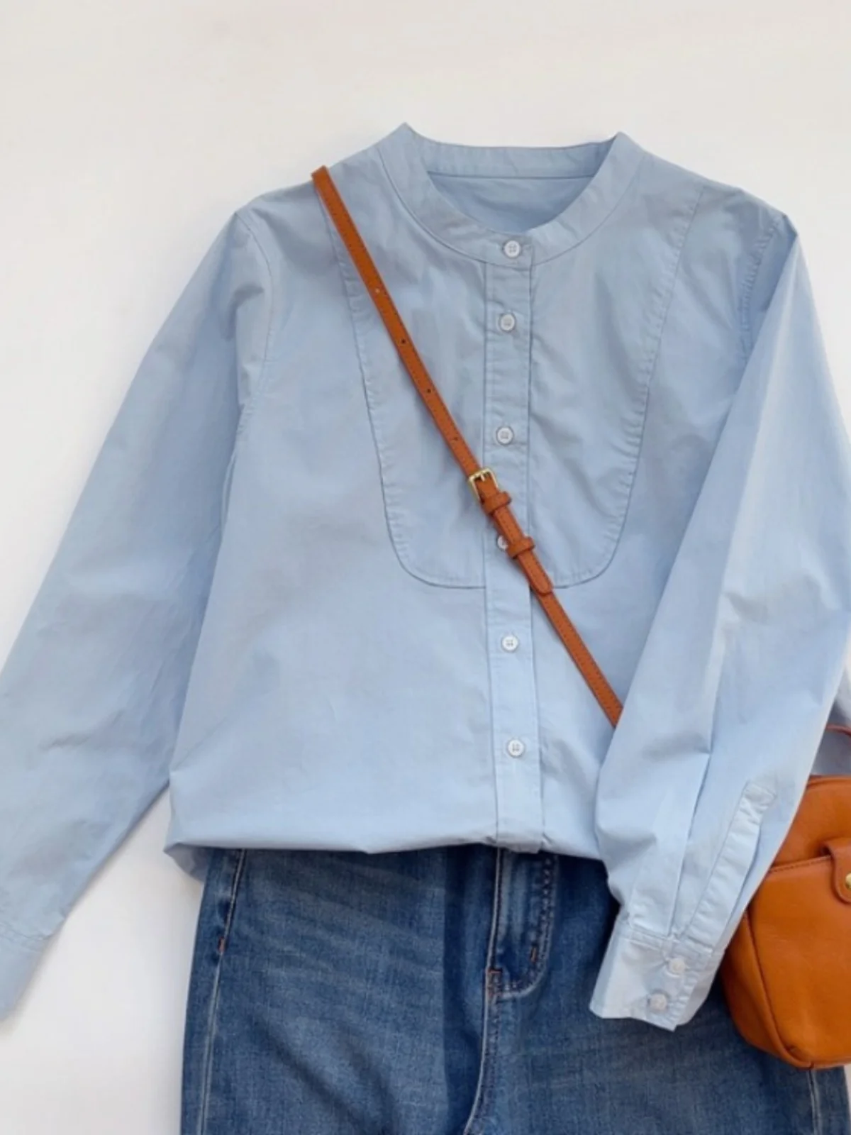 

Свободный синий длинный све с воротником-стойкой, женский корейский художественный топ для поездок на работу, повседневный дизайн, весенне-осенний топ