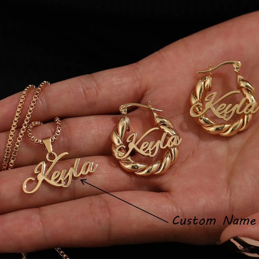 

Customized Baby Name Earrings Necklace Set Personalized Jewelry Gift 18k Gold-plated Necklace and Earrings DIY Birthday Gifts