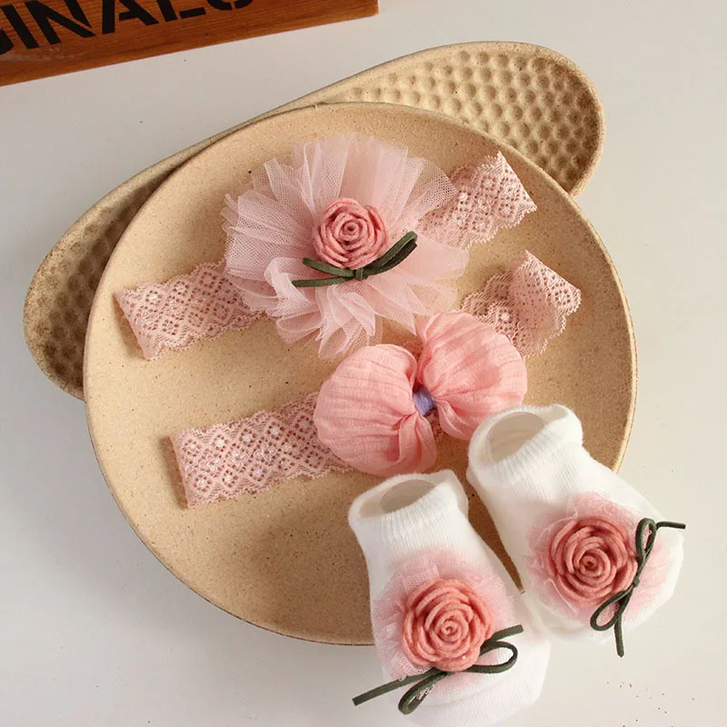 Baby Princess Headband Socks Set Korean Bow Lace Girl Headwear Hair Bands Newborn Anti-Slip Socks Photography Props
