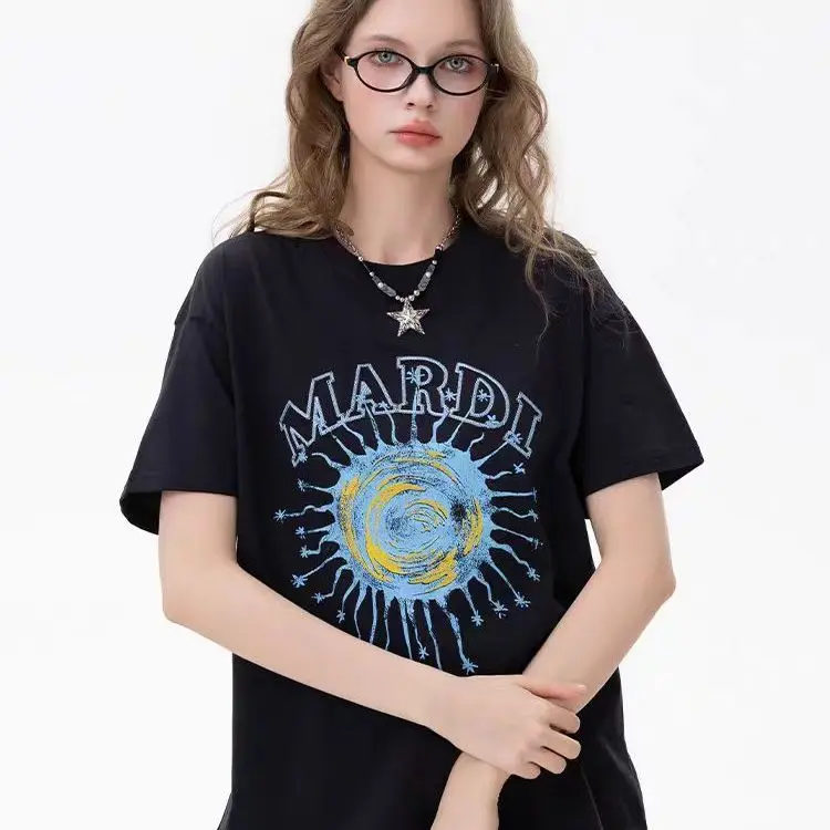 

2025 Summer New Korean Version Casual Printing Crew Neck T-shirt Top Trendy Niche Design Pure Cotton Short Sleeves
