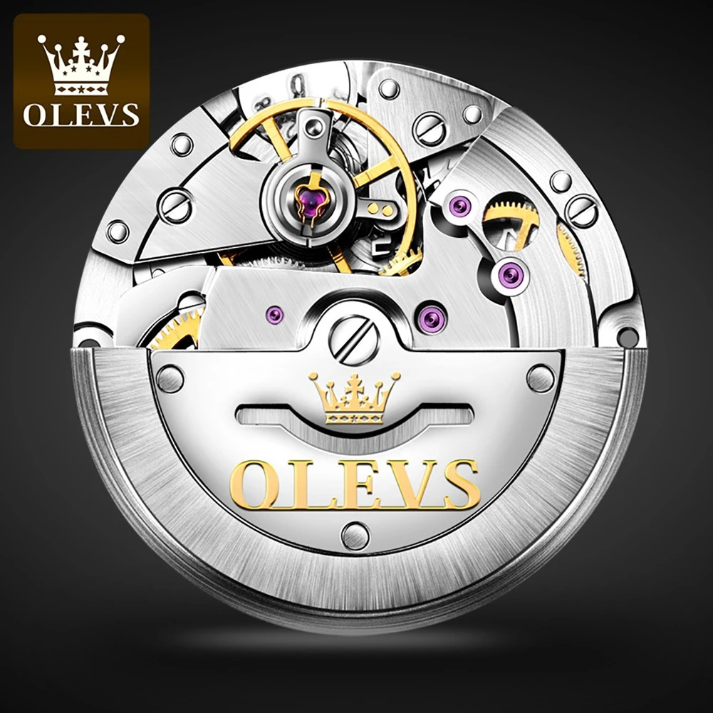 OLEVS 6602 Fashion Mechanical Watch Gift Stainless Steel Watchband Round-dial Wristwatch Week Display Calendar Luminous