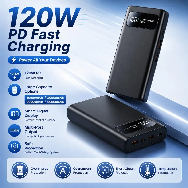 120W Power Bank 20000mAh PD Fast Charging Portable Charger LED Display 2 USB Ports for Outdoor Travel Phone Laptop Power Bank