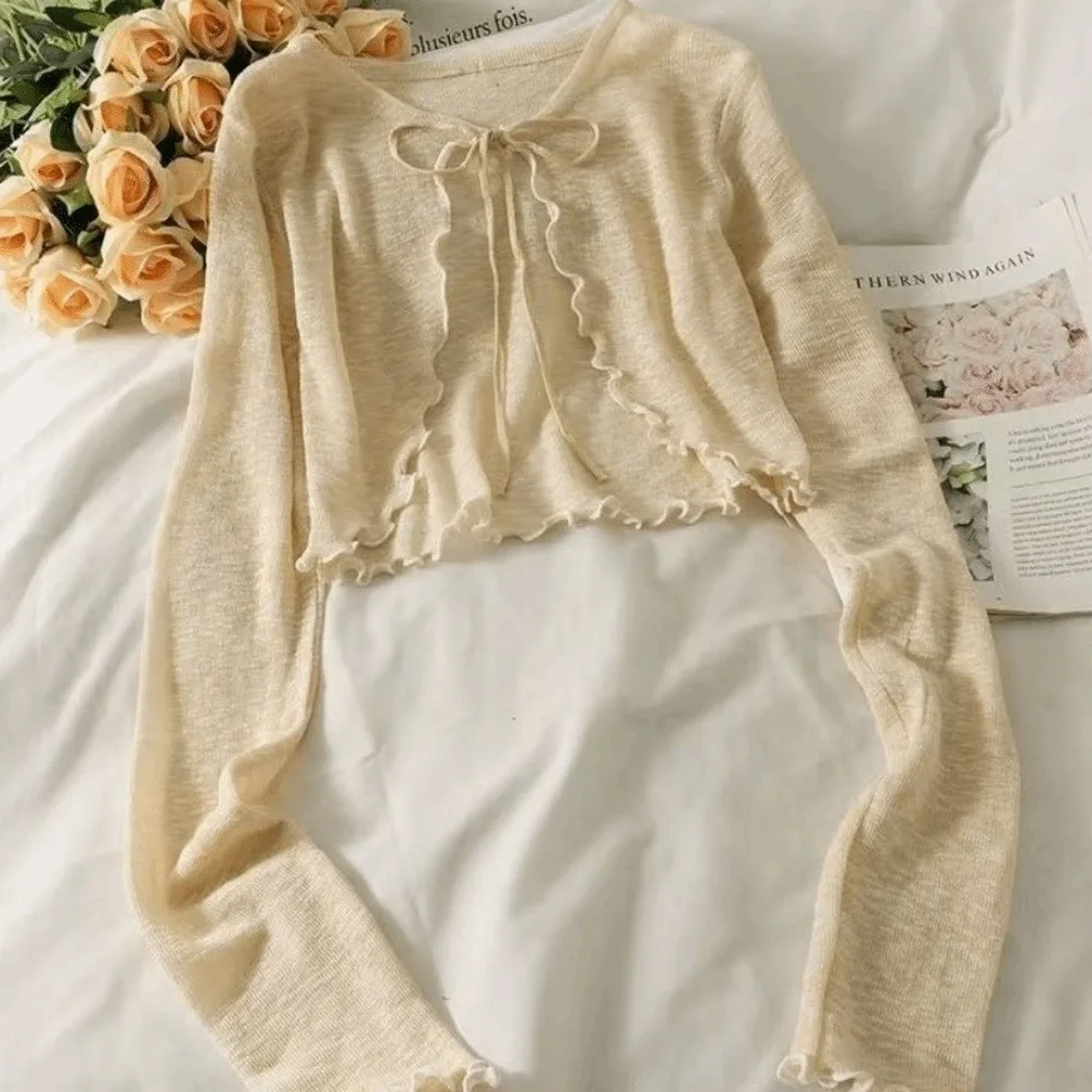 

Модный тонкий солнцезащитный кардиган с короткими рукавами-фонариками, дышащий, с завязками, летний сезон