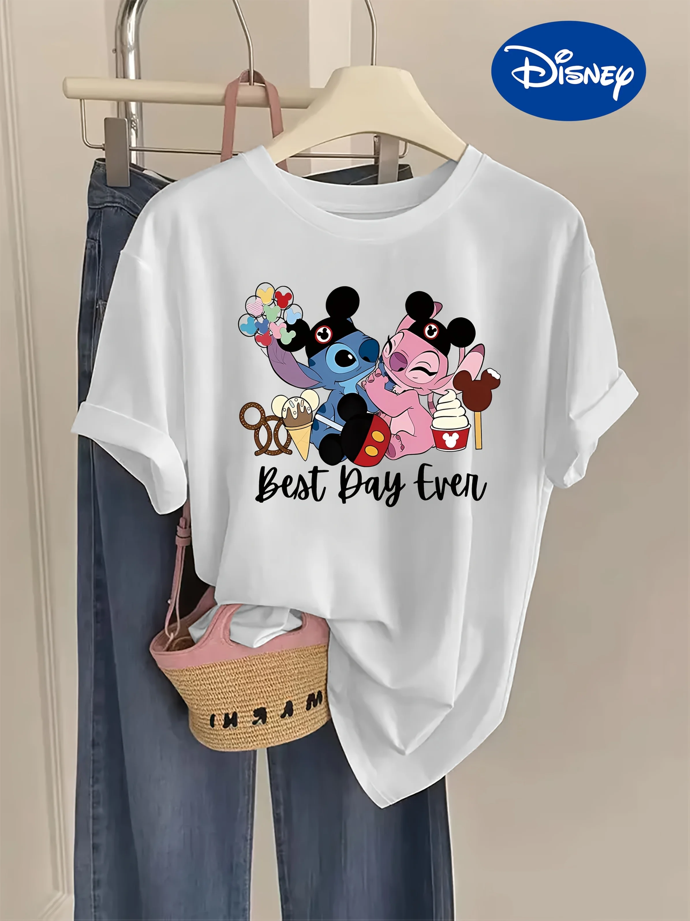 

2025 Disney Pattern Printed Women's Casual Comfortable Unique Smiling Face Black Round Neck Short Sleeve T-shirt
