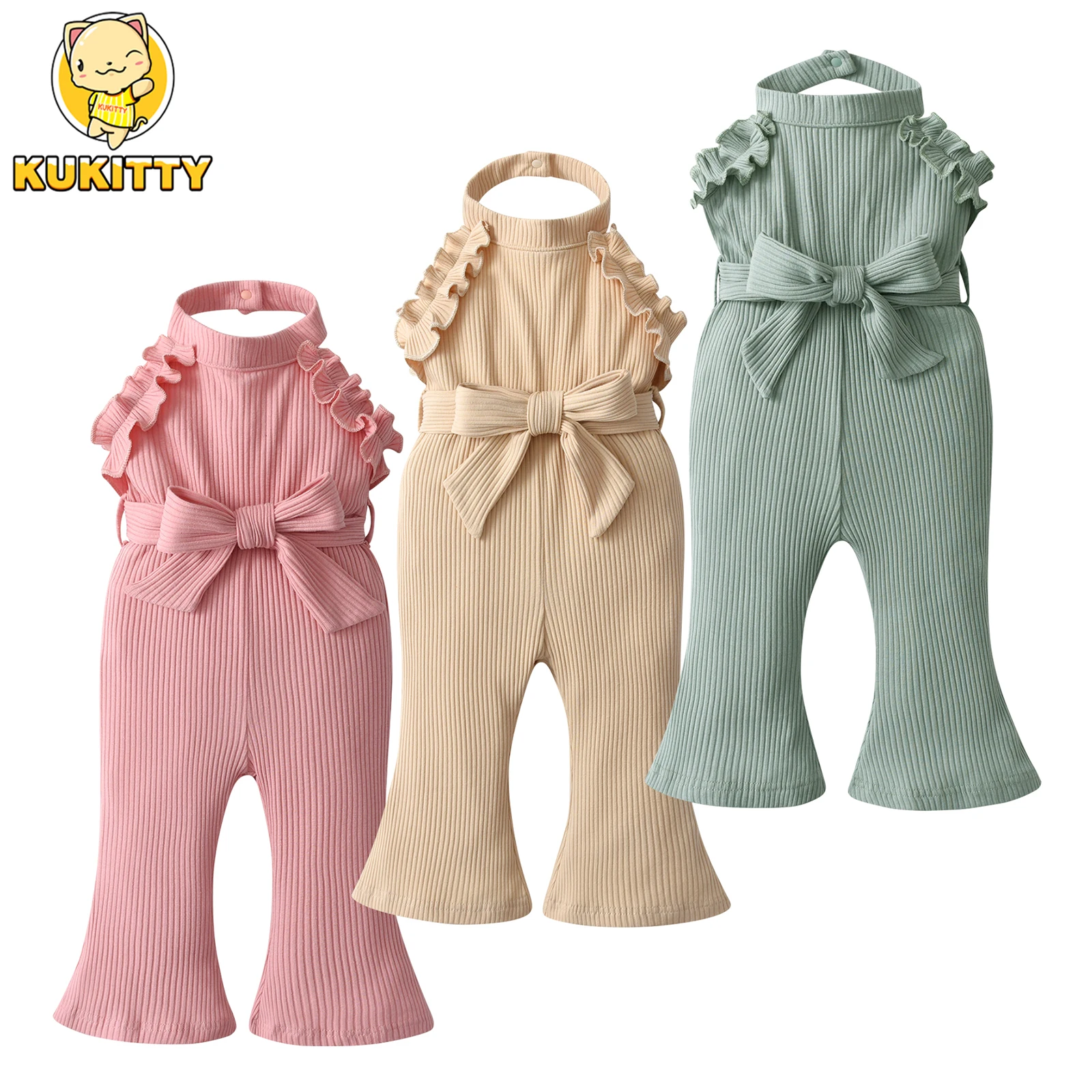 0-2Years Baby Girl Romper Sleeveless Hanging Neck Long Flare Pant Jumpsuits Toddler Girls Knitted Playsuit Come with Lace-ups