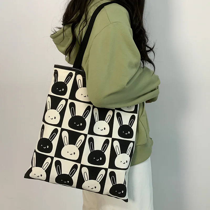 Cute Rabbit Canvas Women's Shoulder Shopping Bag Large Capacity Handbags Girl Student Class Zipper Korean Tote Shopper Fashion