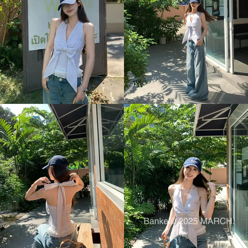 

Korean Bow Stripe Top Dresses 2 Set Women Fishbone Bundle Neck Hanging V-neck Dresses Fishbone Strapless Loose Top Tee Suit New