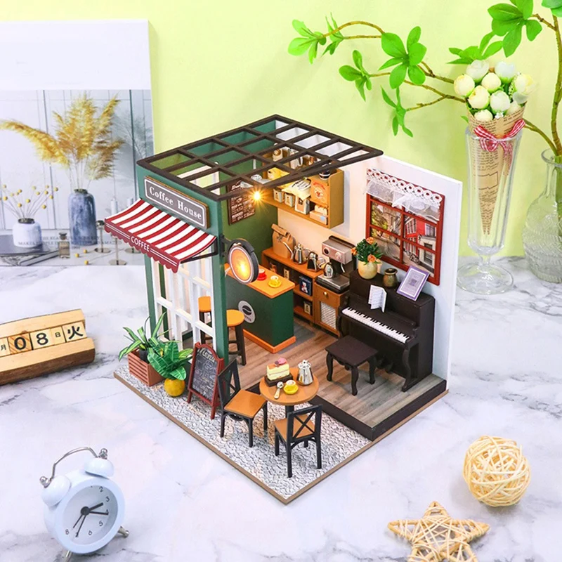 3D Puzzle Model Building  Wooden DIY Miniature Coffee House Kit For Kid Build Wooden Tiny DIY Model Kit Christmas Gifts