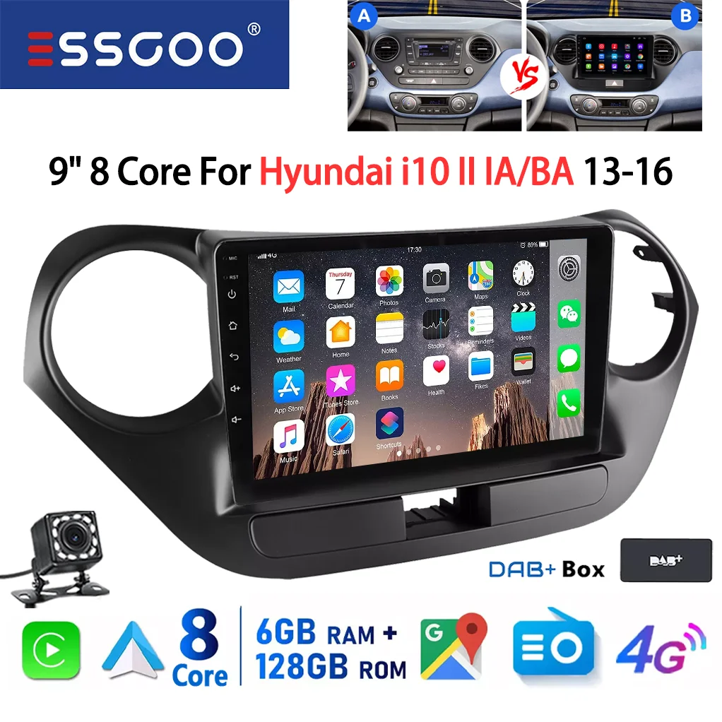 ESSGOO 8-Core 128GB 9" Display Voor Hyundai i10 II IA/BA 2013-2016 Android 14 Autoradio CarPlay Android Auto GPS Navigatie 4G WiFi FM RDS BT DSP 2 DIN Multimedia Speler