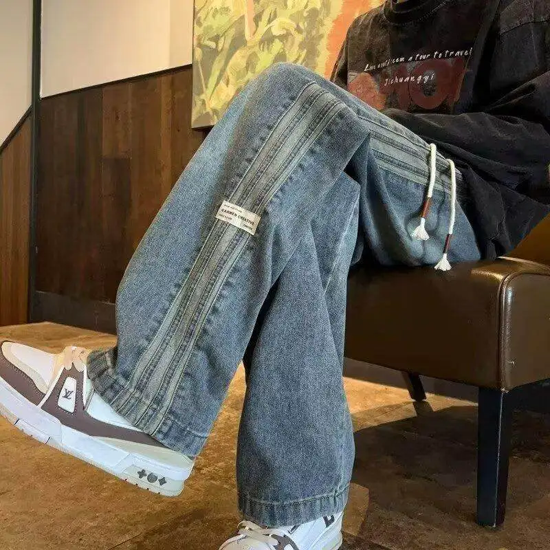 

Retro American Washed Men's Jeans Summer Trendy Loose Straight Leg Wide Leg Casual Wear Resistant Long Trousers