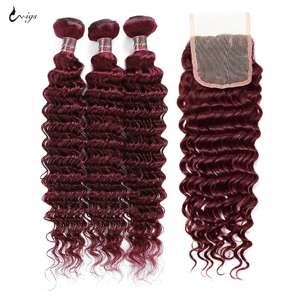 Extensiones de cabello humano brasileño para mujer, mechones de ondas profundas con cierre, color rojo borgoña, 99J