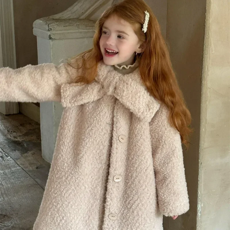 

Girls Coat 2024 Winter New Childrens Clothing Baby Girls Foreign Style Long Clip Cotton Bow Fur Coat Casual Simple Daily