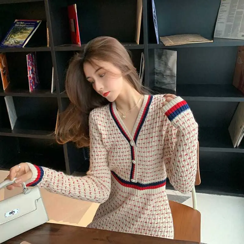 Women Clothes All-match Buttons Knitting V-neck Long Sleeve Midi Dress Autumn Winter Elegant Patchwork Slim Pullover Dresses