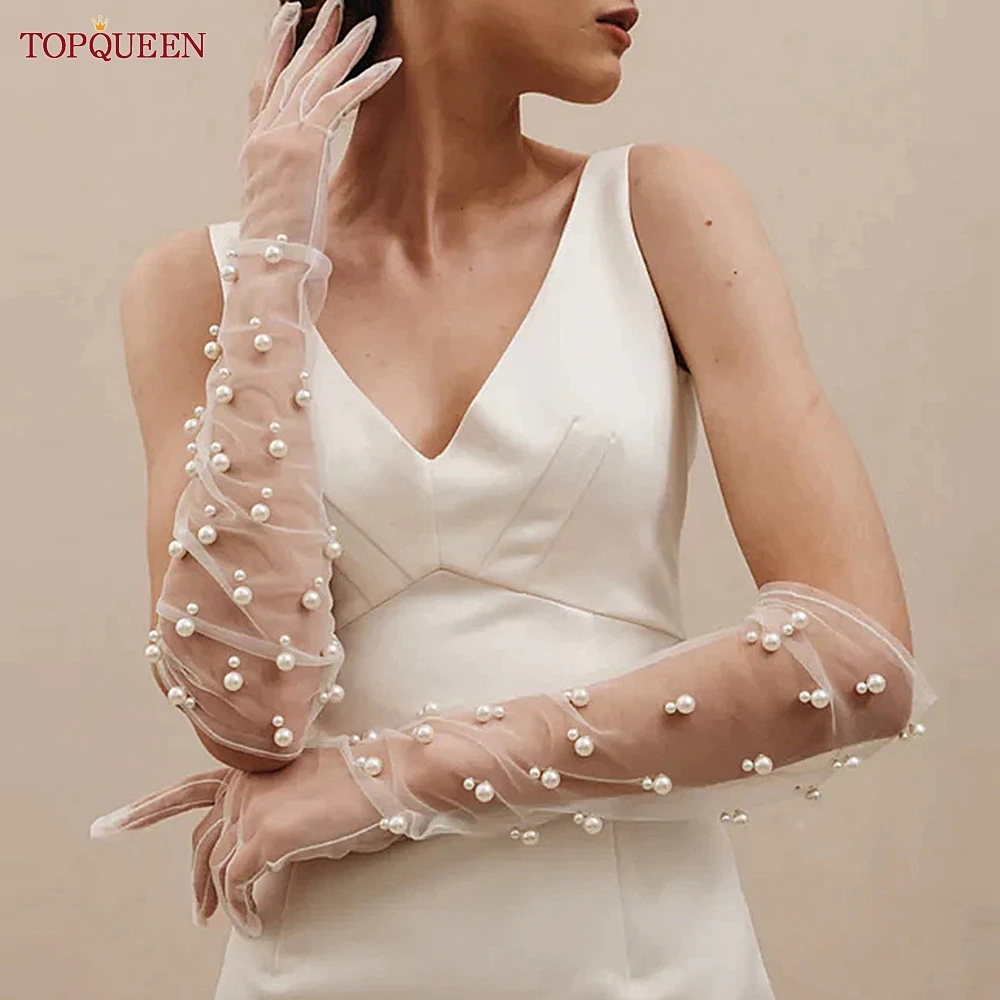 

TOPQUEEN VM04 Fashionable Bridal Gloves Long Elbow Length Tulle Pearl Finger Gloves Women Dress Arm Accessories customizable