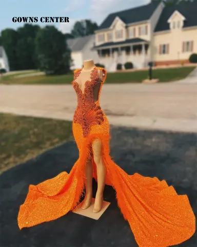 Orange Paljett Fjäder Slits Strass Festklänning Sjöjungfru Balklänningar Bröllop Kväll Svarta Flickor Lyx Födelsedag Anpassad 10 best sales orange balklänningar - №5