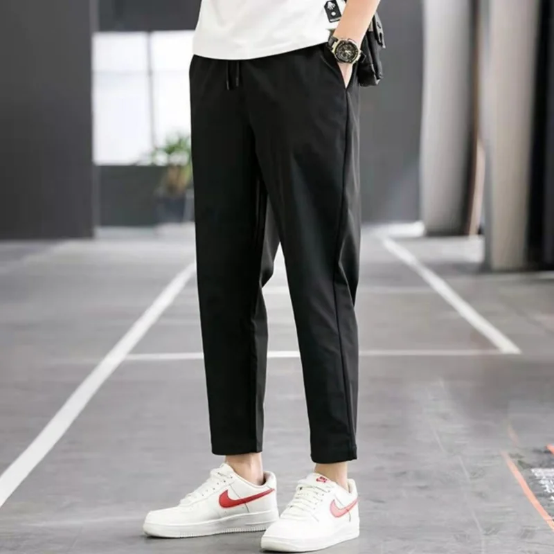 

Summer Korean Men Casual Straight Cropped Pants Streetwear Fashion Elastic Waist Drawstring Basic Solid New Thin Slim Trousers