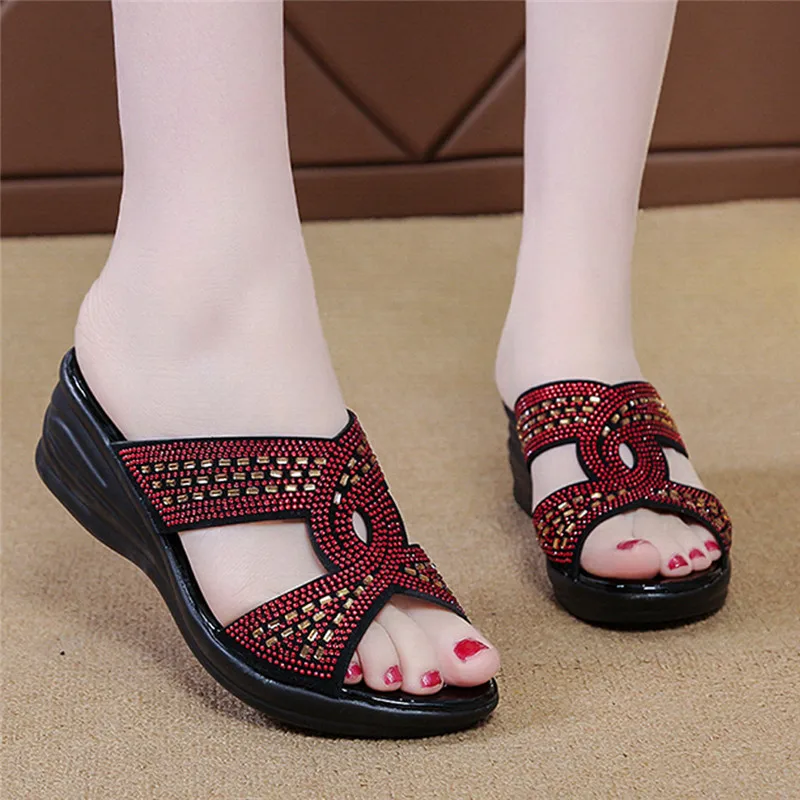 Women\'s Open Toe Slippers Fashion Rhinestones Decor Platform Slipper Summer New Comfy High Thick Heel Slippers Mother Sandals