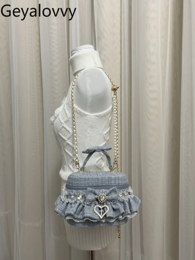 

2026 New Japanese Style Sweet Girl Handheld Makeup Bag Mass-Produced Bowknot Lace Single Shoulder Crossbody Bags Handbag